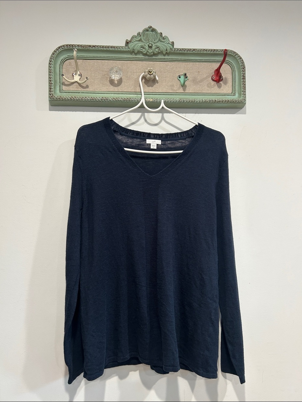 J. Jill Classic Navy V-Neck Sweater Women’s Medium Cotton Linen Blend pullover
